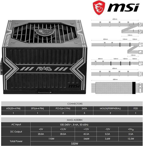 MSI MAG A550BN Gaming Power Supplyr - 80 Plus Bronze Certified 550W - Compact Size - ATX PSU in Saudi Arabia