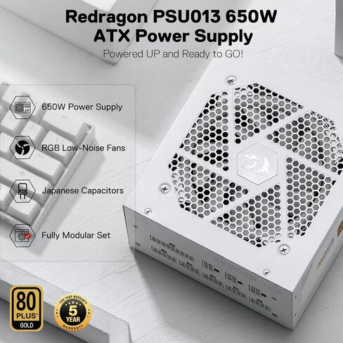Redragon RGPS-850W 850 Watt 80+ Gold Fully Modular PSU, ATX 3.1 & PCIe 5.1 | 12V-2x6 Cable for RTX 40/50 Series, 100% Japanese Capacitors, Zero-RPM Silent Fan, 160mm Compact, 12VHPWR Cable Included in Kuwait