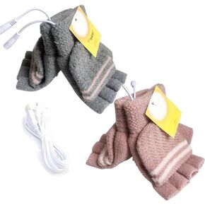 Women's & Men's 2 Pack USB Heated Gloves Mitten Winter Hands Warm Laptop Gloves, Knitting Hands Full & Half Heated Fingerless Heating Warmer Washable Design (Pink + Gray) in Saudi Arabia