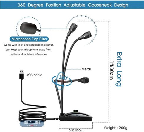 ميكروفون USB، تصميم معقوفة قابل للتعديل 360 درجة، زر كتم الصوت ومؤشر LED، تقنية إلغاء الضوضاء، التوصيل والتشغيل، متوافق مع نظامي التشغيل Windows وMacOS in Kuwait