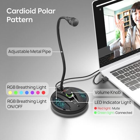 ميكروفون USB، تصميم معقوفة قابل للتعديل 360 درجة، زر كتم الصوت ومؤشر LED، تقنية إلغاء الضوضاء، التوصيل والتشغيل، متوافق مع نظامي التشغيل Windows وMacOS in Kuwait