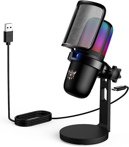 NOOTRY USB Gaming Microphone,PC Mic for PS4/ PS5/ Mac,Condenser Computer Desktop Mic with RGB Light,Mute Touch,Headphone Jack, Pop Filter for Recording,Streaming,Podcasting,YouTube in Kuwait