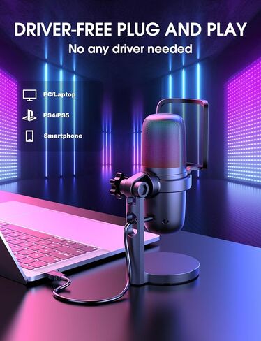 NOOTRY USB Gaming Microphone,PC Mic for PS4/ PS5/ Mac,Condenser Computer Desktop Mic with RGB Light,Mute Touch,Headphone Jack, Pop Filter for Recording,Streaming,Podcasting,YouTube in Kuwait