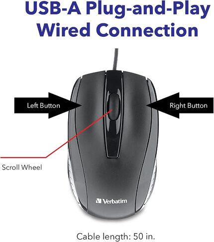 Verbatim Wired USB Computer Mouse - Corded USB Mouse for Laptops and PCs - Right or Left Hand Use, Blue 99743, 1.4" x 2.4" x 3.9" in Kuwait