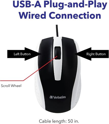 Verbatim Wired USB Computer Mouse - Corded USB Mouse for Laptops and PCs - Right or Left Hand Use, Blue 99743, 1.4" x 2.4" x 3.9" in Kuwait