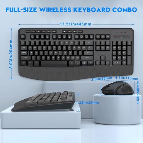Wireless Keyboard and Mouse Combo, E-YOOSO 2.4GHz Full-Sized Ergonomic Wireless Keyboard with Wrist Rest, 3 DPI Adjustable and 6 Buttons Cordless USB Mouse for Computer, Laptop, PC, Windows, Mac in Kuwait