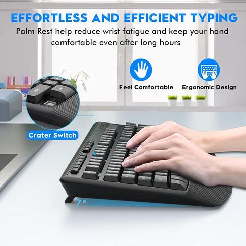 Wireless Keyboard and Mouse Combo, E-YOOSO 2.4GHz Full-Sized Ergonomic Wireless Keyboard with Wrist Rest, 3 DPI Adjustable and 6 Buttons Cordless USB Mouse for Computer, Laptop, PC, Windows, Mac in Kuwait