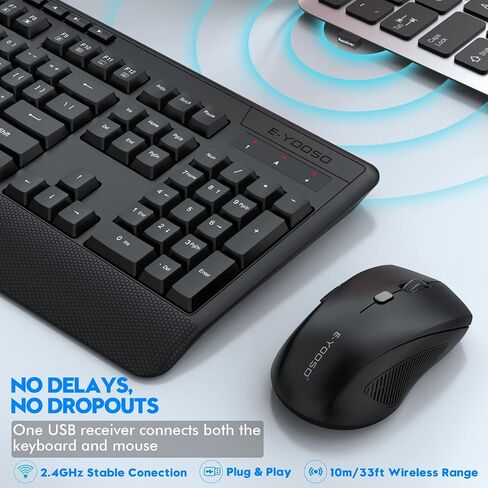 Wireless Keyboard and Mouse Combo, E-YOOSO 2.4GHz Full-Sized Ergonomic Wireless Keyboard with Wrist Rest, 3 DPI Adjustable and 6 Buttons Cordless USB Mouse for Computer, Laptop, PC, Windows, Mac in Kuwait