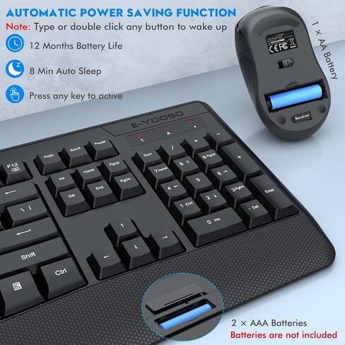 Wireless Keyboard and Mouse Combo, E-YOOSO 2.4GHz Full-Sized Ergonomic Wireless Keyboard with Wrist Rest, 3 DPI Adjustable and 6 Buttons Cordless USB Mouse for Computer, Laptop, PC, Windows, Mac in Kuwait