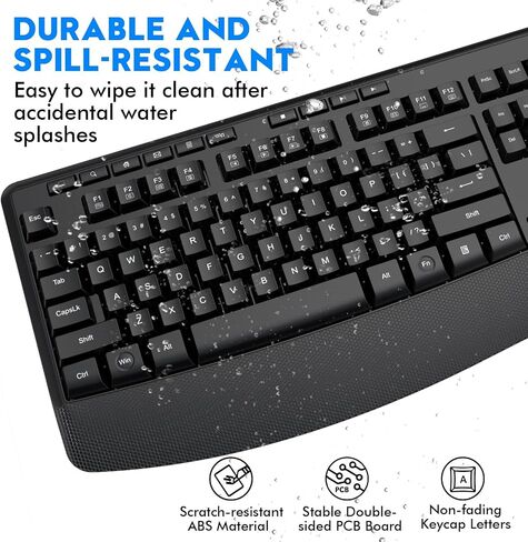 Wireless Keyboard and Mouse Combo, E-YOOSO 2.4GHz Full-Sized Ergonomic Wireless Keyboard with Wrist Rest, 3 DPI Adjustable and 6 Buttons Cordless USB Mouse for Computer, Laptop, PC, Windows, Mac in Kuwait