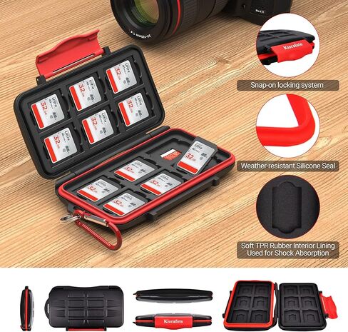 Kiorafoto 12 Slots SD SDHC SDXC Card Holder Case Professional Water-Resistant Anti-Shock Memory Card Storage Protector Wallet with Carabiner in Saudi Arabia
