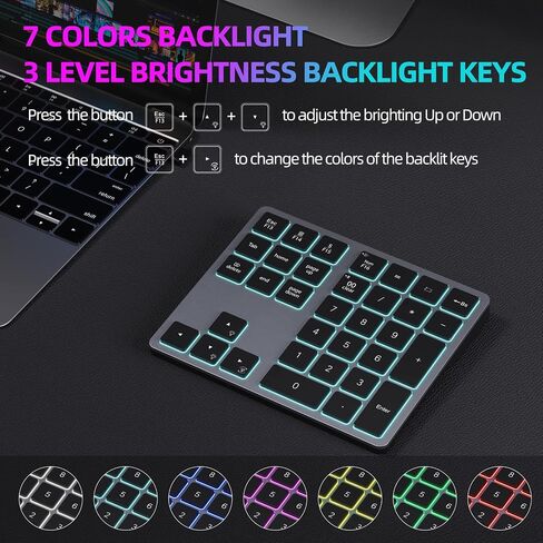 Doohoeek Backlit Bluetooth Numeric Keypad for Laptops and Computers, Number Pads 34 Keys with 7-Color Backlight for MacBook & Windows, Gray in Saudi Arabia