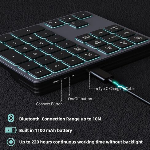 Doohoeek Backlit Bluetooth Numeric Keypad for Laptops and Computers, Number Pads 34 Keys with 7-Color Backlight for MacBook & Windows, Gray in Saudi Arabia