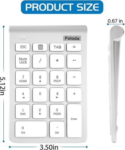 Foloda Wireless Number Pads, Numeric Keypad Numpad 22 Keys Portable 2.4 GHz Financial Accounting Number Keyboard Extensions 10 Key for Laptop, PC, Desktop, Surface Pro, Notebook in Kuwait