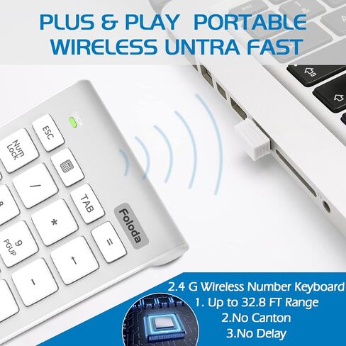 Foloda Wireless Number Pads, Numeric Keypad Numpad 22 Keys Portable 2.4 GHz Financial Accounting Number Keyboard Extensions 10 Key for Laptop, PC, Desktop, Surface Pro, Notebook in Kuwait
