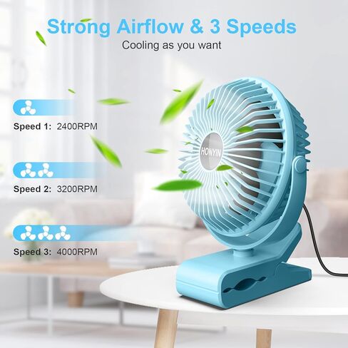 HONYIN 720° Rotation Small Desk & Clip on Fan with Sturdy Clamp, 3 Speeds, Quiet Little Personal Cooling Fan by USB Plug In, for Bedroom Office Desktop Treadmill in Kuwait