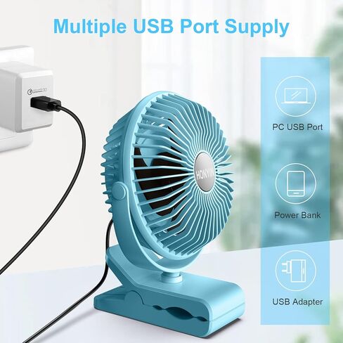 HONYIN 720° Rotation Small Desk & Clip on Fan with Sturdy Clamp, 3 Speeds, Quiet Little Personal Cooling Fan by USB Plug In, for Bedroom Office Desktop Treadmill in Kuwait