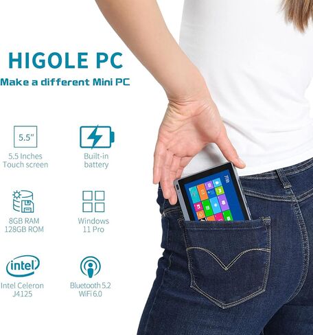 HIGOLEPC Mini PC Windows 11 PRO, Intel Celeron J4125 Mini Computer, 8GB DDR4 128GB EMMC Mini Desktop Computer with IPS Screen, WiFi 6.0, BT5.2, Gigabit Ethernet in Kuwait