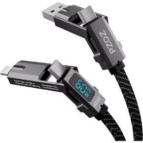 pzoz 60W 4-in-1 USB C كابل شحن سريع مع شاشة LED، شاحن USBC متعدد كومبو لايتنينج/النوع C/USB A منافذ معدنية لهاتف iPhone iPad MacBook AirPods Pro Samsung Google والمزيد، 5 أقدام in Kuwait