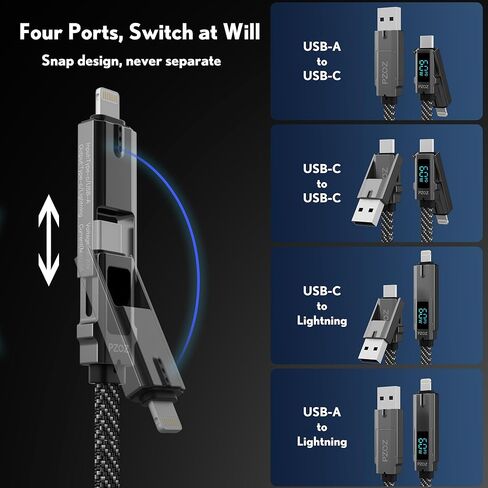 pzoz 60W 4-in-1 USB C كابل شحن سريع مع شاشة LED، شاحن USBC متعدد كومبو لايتنينج/النوع C/USB A منافذ معدنية لهاتف iPhone iPad MacBook AirPods Pro Samsung Google والمزيد، 5 أقدام in Kuwait