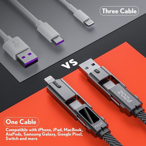 pzoz 60W 4-in-1 USB C كابل شحن سريع مع شاشة LED، شاحن USBC متعدد كومبو لايتنينج/النوع C/USB A منافذ معدنية لهاتف iPhone iPad MacBook AirPods Pro Samsung Google والمزيد، 5 أقدام in Kuwait
