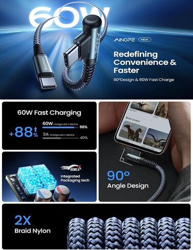 AINOPE Short USB C to USB C Cable 1.5FT 1 Pack 60W Fast Charging Nylon Braided Type C Cable for iPhone 15 Pro Max Plus Samsung Power Bank Travel Essentials in Saudi Arabia