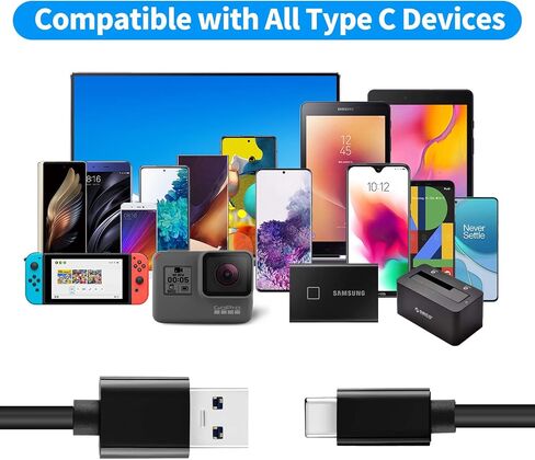 كابل USB A إلى USB C 3.1/3.2 Gen 2 لنقل البيانات بسرعة 10 جيجابت في الثانية، كابل USB C SSD قصير مع شحن سريع 60 وات QC 3.0، كابل احتياطي لهاتف Samsung T7، SanDisk Extreme Portable SSD، Crucial X8، WD، والمزيد - 0.5 قدم in Kuwait