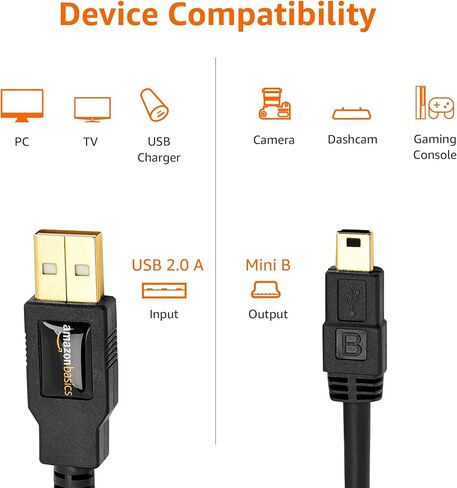 Amazon Basics USB-A to Mini USB 2.0 Cable, 480Mbps Transfer Speed with Gold-Plated Plugs, 3 Foot, Black in Kuwait