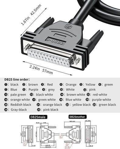 DB25 Cabel RS232 Serial Solderless Breakout Connector, D-SUB 25 PIN Adapter to Bare Wire End Extension Cable DB25 Male Connector to Bare Wire (3FT) in Kuwait