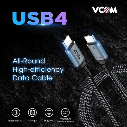VCOM USB 4 Cable for Thunderbolt 4 Cable 4 FT, 100W Cable with 40Gbps Data and 8K@30Hz 5K@60Hz or Dual 4K Video,Compatible with Thunderbolt 3/4 Cable and USB-C,for MacBooks,Hub, Docking, and More in Kuwait