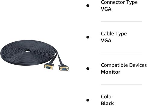 DTECH Flat Thin Extra Long VGA Cable 100 ft 15 Pin Male to Male Computer Monitor Cord HD15 Connector 1080p High Resolution (31 Meter, Black) in Saudi Arabia