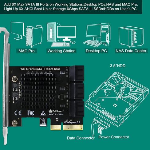 PCIE to 6-Ports 6Gbps Max Speed SATA III Expansion Card for Desktop PCs, Plug and Play on Windows OS MAC OS Linux System, ASMedia ASM1166 None-Raid PCIE SATA III Host Controller (FS-S6-Pro) in Kuwait