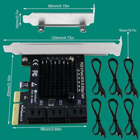 PCIE to 6-Ports 6Gbps Max Speed SATA III Expansion Card for Desktop PCs, Plug and Play on Windows OS MAC OS Linux System, ASMedia ASM1166 None-Raid PCIE SATA III Host Controller (FS-S6-Pro) in Kuwait