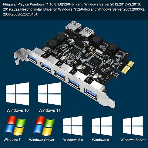 بطاقة LTERIVER PCIE ذات 7 منافذ USB 3.0 فائقة السرعة لخادم Windows، وXP، وVista، و7، و8.x، و10، و11 (32/64 بت)، وأجهزة الكمبيوتر الشخصية، مدمجة في تقنية التحكم الذكي في الطاقة، لا حاجة إلى مصدر طاقة من PSU (PCE-U307A) in Kuwait