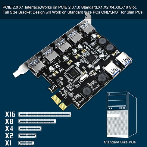 بطاقة LTERIVER PCIE ذات 7 منافذ USB 3.0 فائقة السرعة لخادم Windows، وXP، وVista، و7، و8.x، و10، و11 (32/64 بت)، وأجهزة الكمبيوتر الشخصية، مدمجة في تقنية التحكم الذكي في الطاقة، لا حاجة إلى مصدر طاقة من PSU (PCE-U307A) in Kuwait
