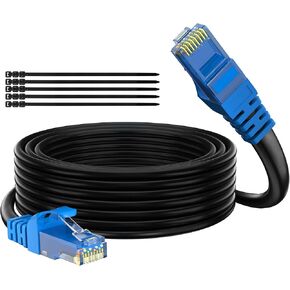 Cat 6 Outdoor Ethernet Cable 25 Ft, Gbps High Speed Heavy Duty Internet Network Cable, CCA, for POE Camera Long Cat 5e 5 RJ45 LAN Patch Cable Cord, Sturdy Waterproof Direct Burial+15 Ties