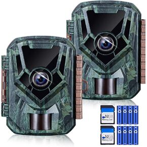 KJK 2 Pack Trail Cameras 24MP 1080P، بطاقة SD 32G وبطاريات 8AA، كاميرا ألعاب مع حركة رؤية ليلية نشطة مقاومة للماء IP66 0.2s وقت التشغيل مع كاميرا بزاوية واسعة 120 درجة لمراقبة الحياة البرية in Kuwait