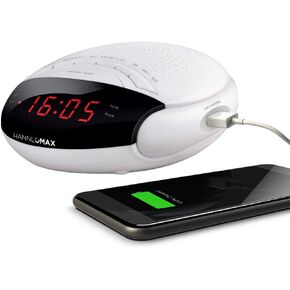 HANNLOMAX HX-200 Alarm Clock Radio, PLL FM Radio, with Preset Stations, Dual Alarm, 0.6" Red LED Display, USB Port for 1A Charging, Memory Backup, AC/DC Adaptor Included (White) in Saudi Arabia