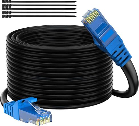 Adoreen Cat 6 Outdoor Ethernet Cable 100 Ft Black, High Speed Heavy Duty Long Internet Network Cable for POE Camera Cat 5 5e RJ45 LAN Patch Cable Cord, Sturdy Waterproof Direct Burial+25 Ties in Saudi Arabia
