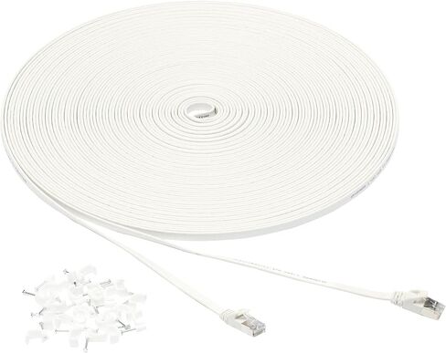 كابل تصحيح إيثرنت RJ45 Cat 7 من Amazon Basics، مسطح، 600 ميجاهرتز، بدون مشبك، يتضمن 25 مسمارًا، 100 قدم، أبيض in Kuwait