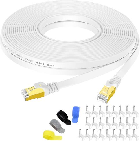 Cat 7 Shielded Ethernet Patch Cable 50 ft White (Highest Speed Cable) Cat7 Flat Internet Network Cable with Snagless RJ45 Connector for Modem, Router, LAN, Computer + Free Cable Clips and Straps in Kuwait