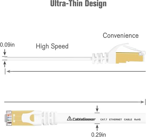 Cat 7 Shielded Ethernet Patch Cable 50 ft White (Highest Speed Cable) Cat7 Flat Internet Network Cable with Snagless RJ45 Connector for Modem, Router, LAN, Computer + Free Cable Clips and Straps in Kuwait