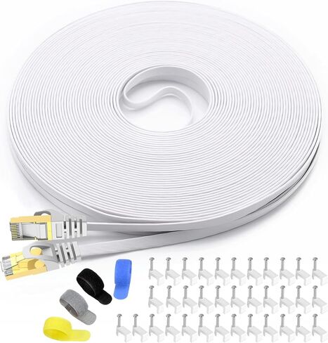 Cat 7 Shielded Ethernet Patch Cable 50 ft White (Highest Speed Cable) Cat7 Flat Internet Network Cable with Snagless RJ45 Connector for Modem, Router, LAN, Computer + Free Cable Clips and Straps in Kuwait