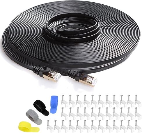 Cat 7 Shielded Ethernet Patch Cable 50 ft White (Highest Speed Cable) Cat7 Flat Internet Network Cable with Snagless RJ45 Connector for Modem, Router, LAN, Computer + Free Cable Clips and Straps in Kuwait