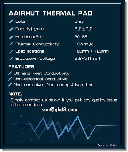 Aairhut Thermal Pad 13W/mK [0.5~3mm], 120x120x2mm Silicone Cooling Pad GPU Non Conductive Heat Resistance Soft Sticky Cover with Dual Self-Adhesive Films for PC Macbook Laptop SSD/RAM/PS5/Game Console in Kuwait