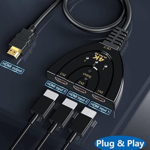 Cuxnoo HDMI Switcher 4K 30Hz, 3 in 1 Out HDMI Switch Selector Support HDCP, HDR, 1080P 3D for HDMI PC, Laptop, PS4 Game Consoles, TV Box  in Kuwait