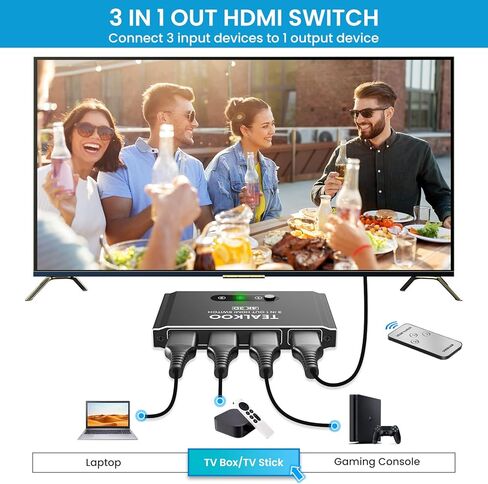 HDMI Switch 3 in 1 Out with Remote, Aluminum HDMI Splitter HDMI Switcher Supports 4K 3D 1080p@60Hz UHD HDR, HDMI2.0 Switch Compatible with PS5/4/3 Laptop DVD Blu-Ray Xbox Roku HDTV Fire Stick in Saudi Arabia