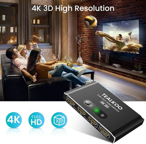 HDMI Switch 3 in 1 Out with Remote, Aluminum HDMI Splitter HDMI Switcher Supports 4K 3D 1080p@60Hz UHD HDR, HDMI2.0 Switch Compatible with PS5/4/3 Laptop DVD Blu-Ray Xbox Roku HDTV Fire Stick in Saudi Arabia