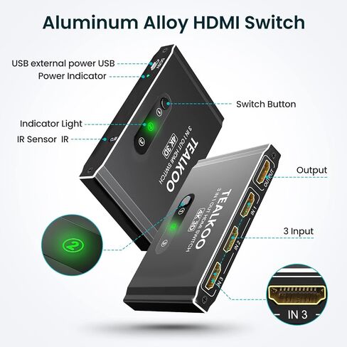 HDMI Switch 3 in 1 Out with Remote, Aluminum HDMI Splitter HDMI Switcher Supports 4K 3D 1080p@60Hz UHD HDR, HDMI2.0 Switch Compatible with PS5/4/3 Laptop DVD Blu-Ray Xbox Roku HDTV Fire Stick in Saudi Arabia