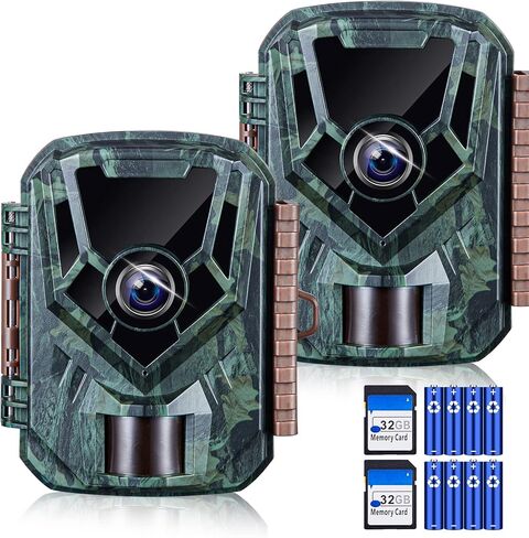 KJK 2 Pack Trail Cameras 24MP 1080P، بطاقة SD 32G وبطاريات 8AA، كاميرا ألعاب مع حركة رؤية ليلية نشطة مقاومة للماء IP66 0.2s وقت التشغيل مع كاميرا بزاوية واسعة 120 درجة لمراقبة الحياة البرية in Kuwait